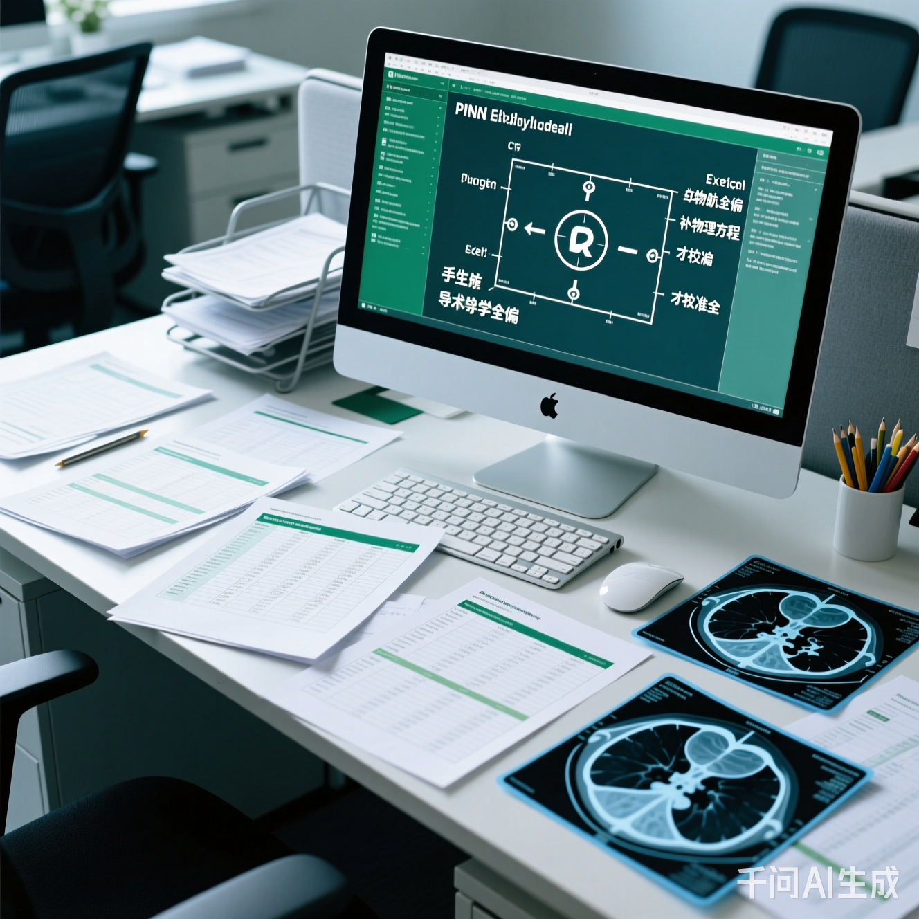 办公桌上散落的Excel表格和CT影像