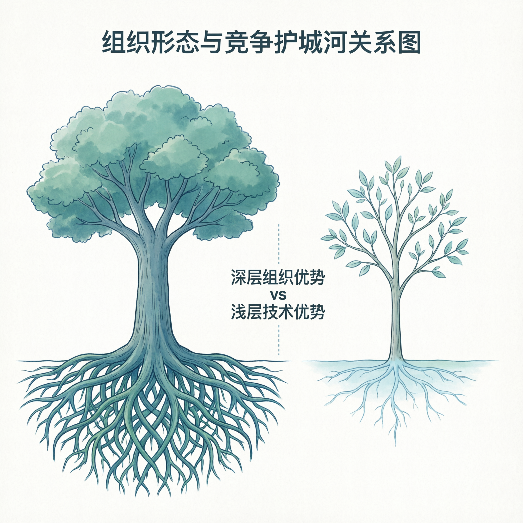 组织形态与护城河关系图,一座深根大树与浅根小树对比,极简插画风格