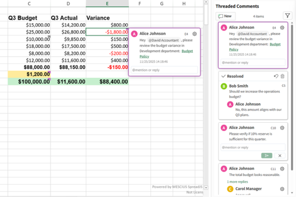 向在线电子表格 Web 应用程序添加类似 Excel 的线程式注释