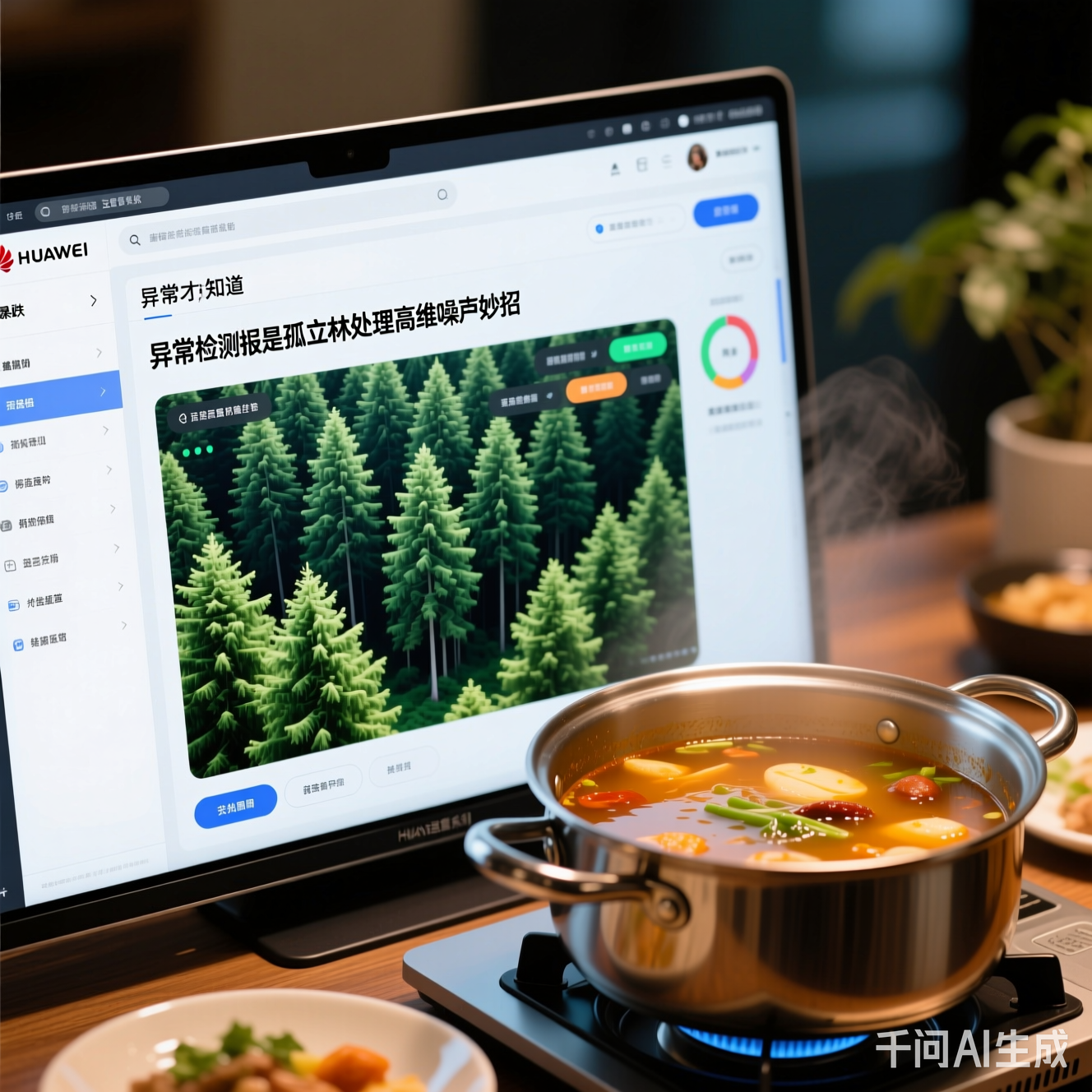 华为运维系统界面，旁边放着一锅热汤