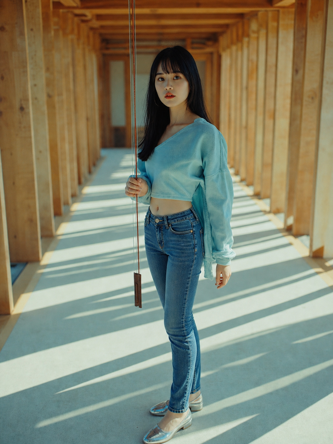 木构声学廊道穿浅蓝贴身牛仔裤的亚洲成年女性