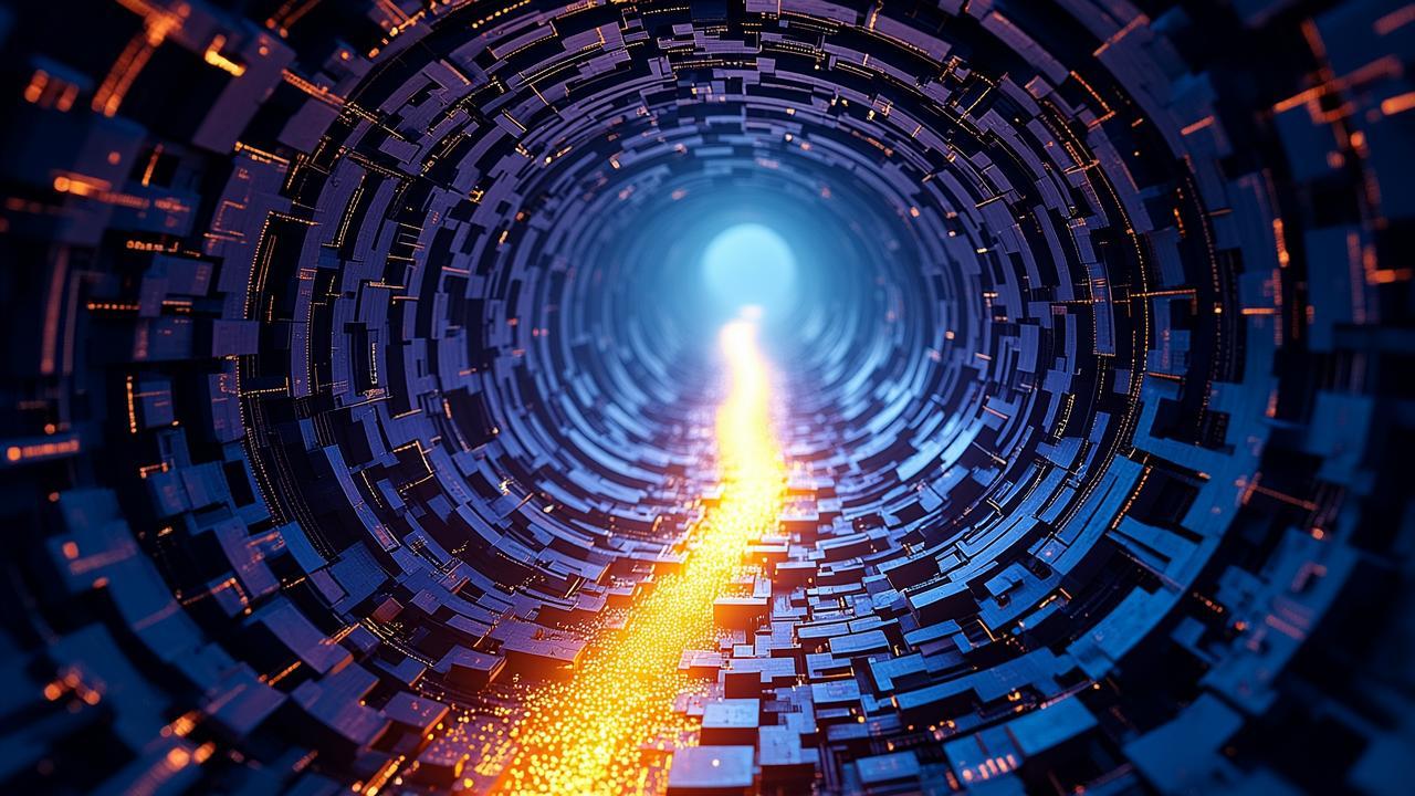 A long, winding path of luminescent particles trav