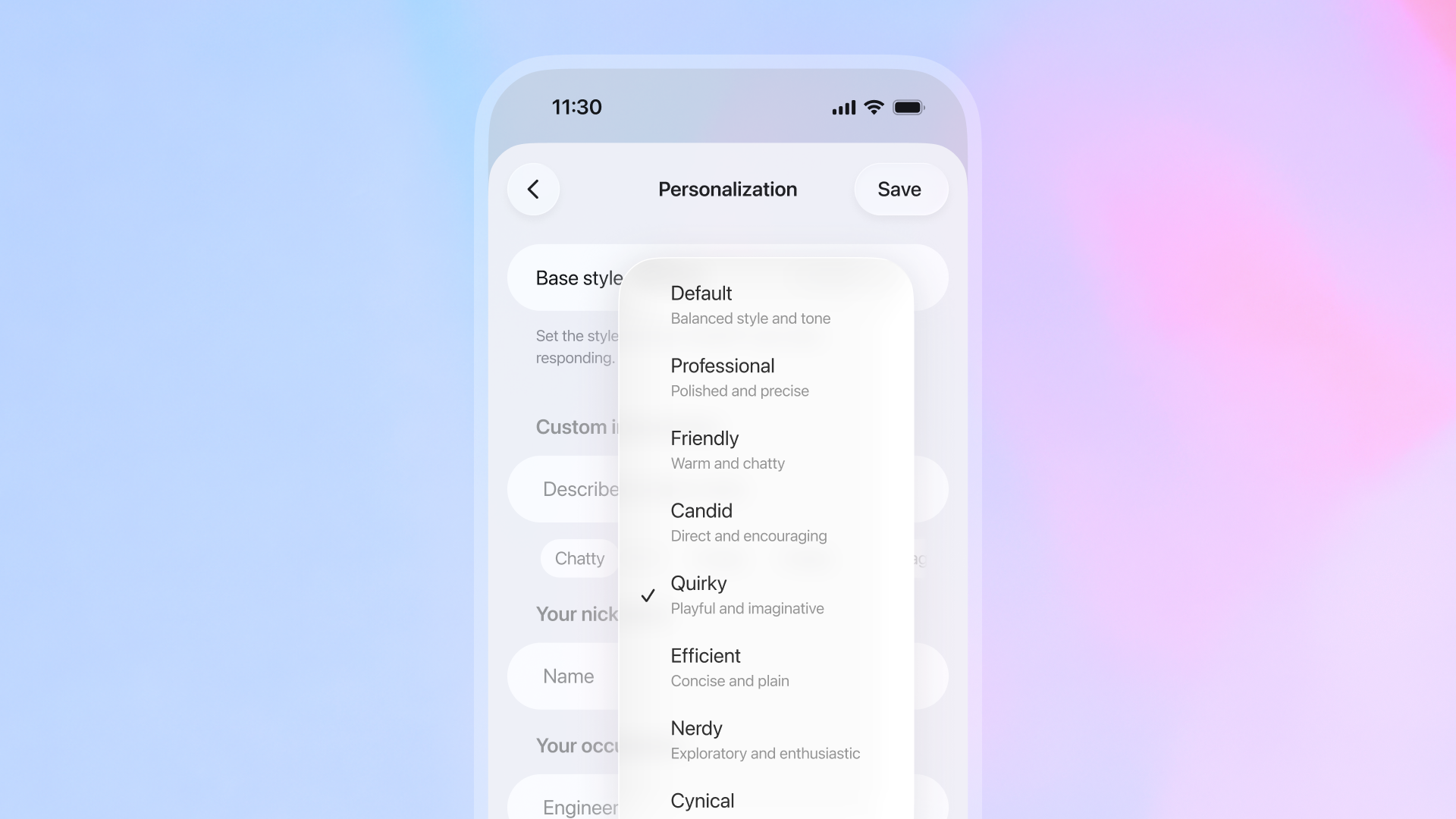 手机界面显示"个性化"设置屏幕。用户正在从下拉菜单中选择 ChatGPT 语气和声音的基本风格。列出的选项包括：默认（平衡的风格和语气）、专业（精致精确）、友好（热情健谈）、坦率（直接而鼓励）、古怪（ playful and imaginative，当前选中）、高效（简洁明了）、书呆子（探索性和热情）和愤世嫉俗。