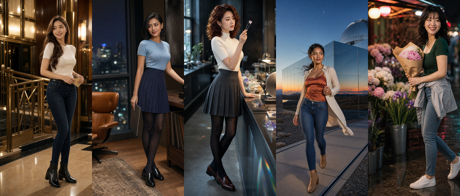 五位不同亚洲成年女性的蓝色紧身牛仔裤与成年百褶裙时装五联封面
