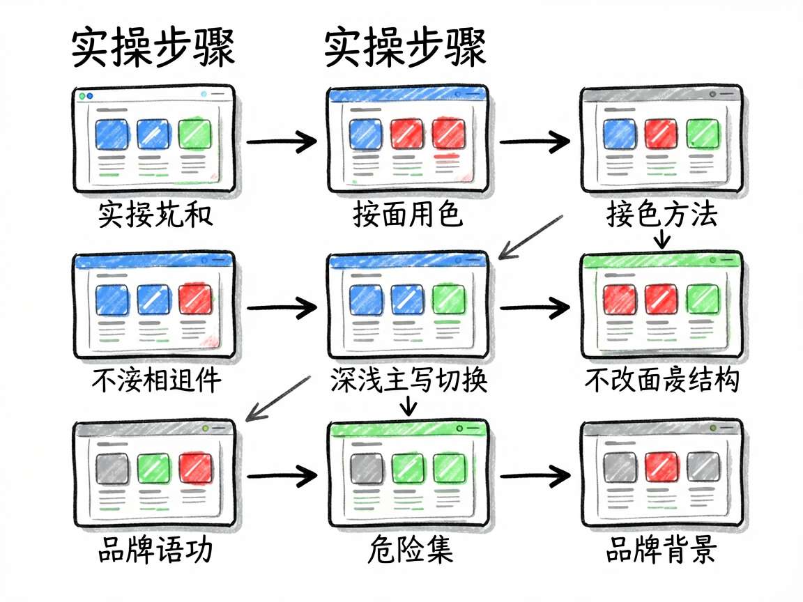 一张 sketch-notes 风格的流程图,内容对应文章的‘实操步骤’:先按语义列出页面用色,不按