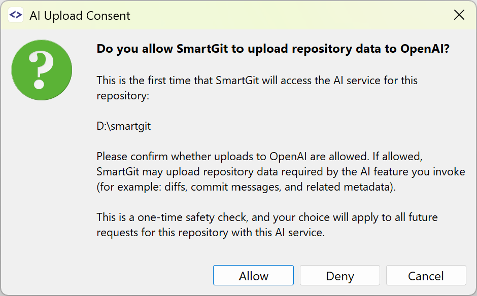 SmartGit 25.1 AI 隐私同意对话框确保数据传输前用户明确同意