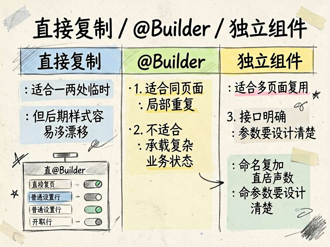 一张 sketch-notes 风格的对比表插图，内容是 "直接复制 / @Builder / 独立