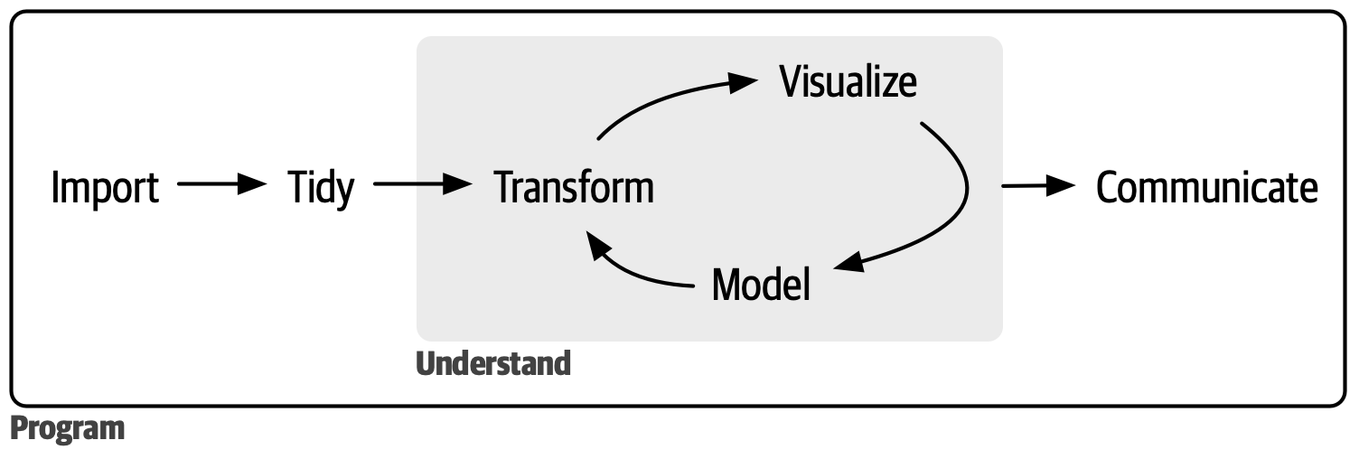 Figure 1: 在我们的数据科学过程模型中，您从数据导入（import）和整理（tidy）开始。接下来，您通过转换（transform）、可视化（visualize）和建模（model）的迭代循环来了解您的数据。您完成这个过程是通过向其他人传达（communicate）您的结果。