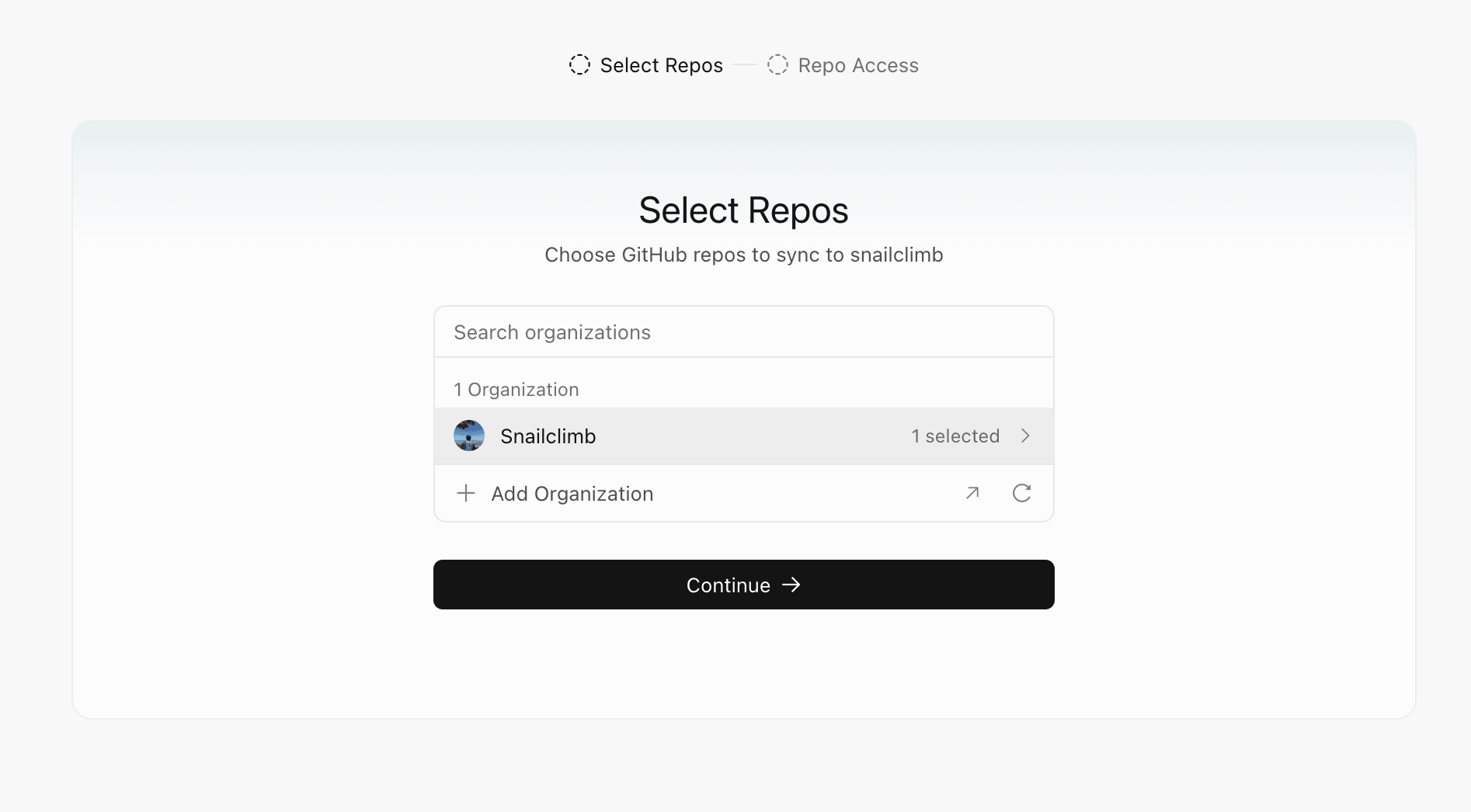 Origin 的 GitHub 组织和仓库选择页面