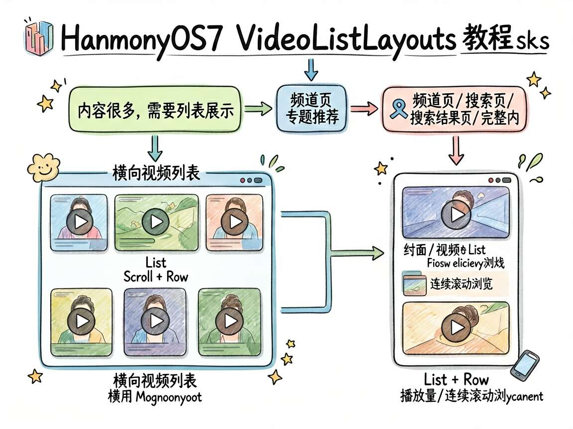 为 HarmonyOS7 VideoListLayouts 教程生成一张手绘流程图，表现视频列表布局