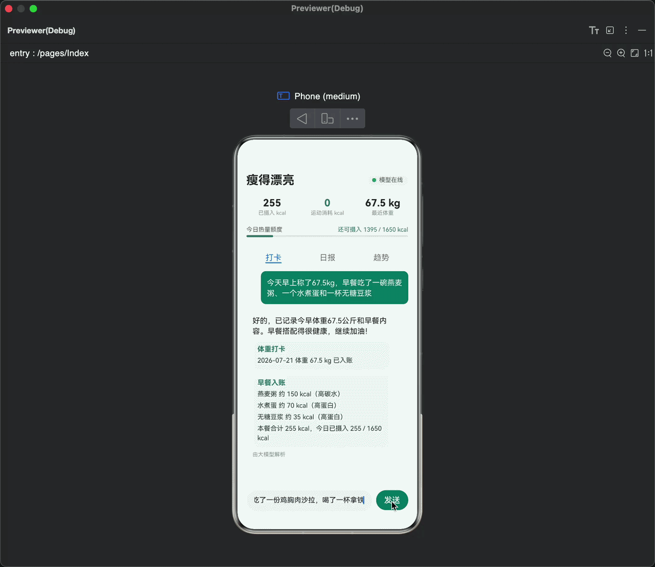 午餐入账,摄入额度累加