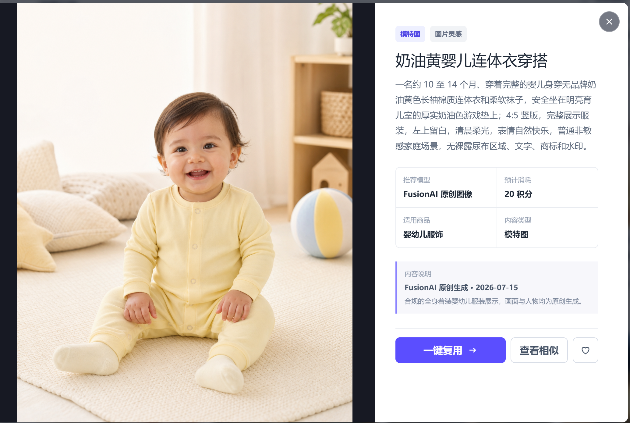 FusionAI灵感广场生成宝宝连体衣展示图