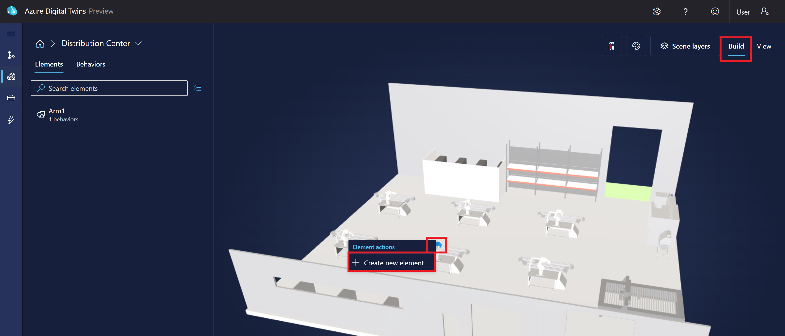 3D 场景工作室中工厂场景的屏幕截图。突出显示了不同机械臂,并带有创建新元素的选项。