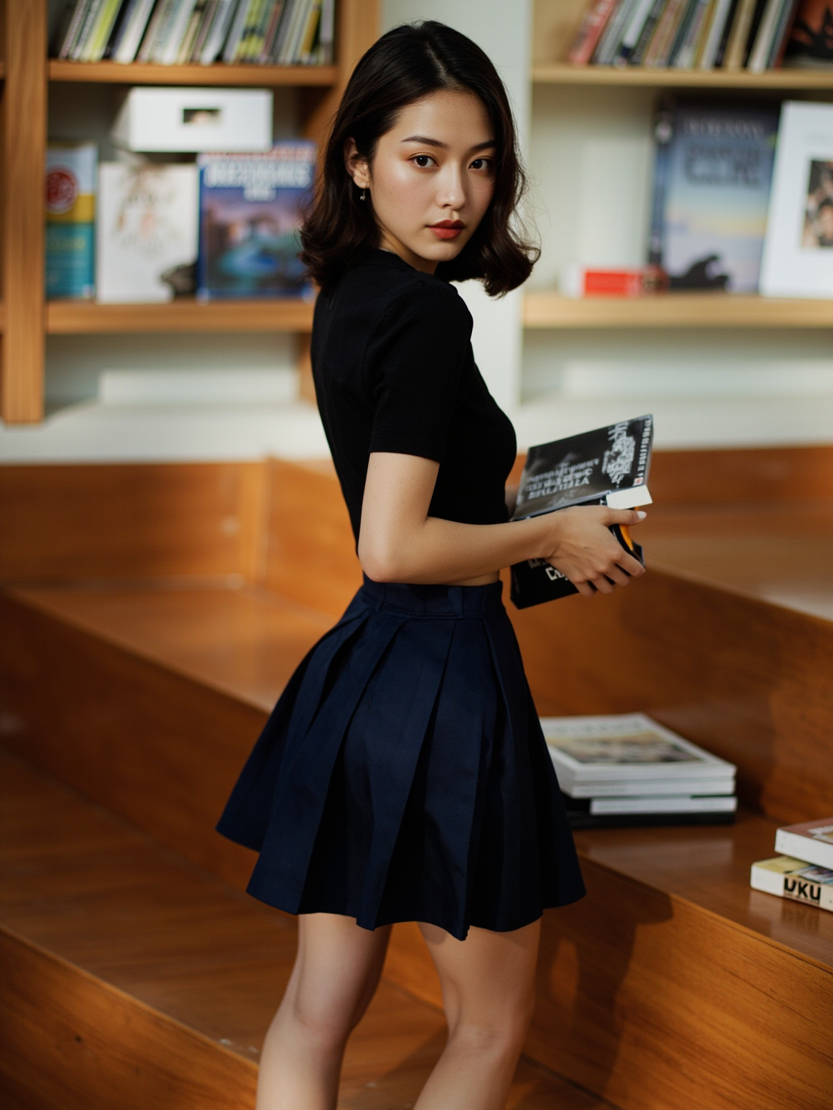 多层设计书店木质阶梯上穿成年学院风短百褶裙回望的成年女性