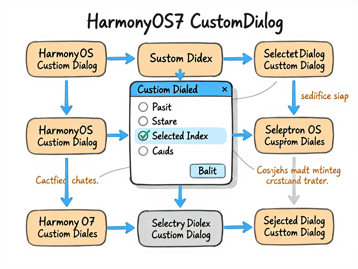 为一篇讲解 HarmonyOS7 CustomDialog 单选列表实现的技术文章绘制手绘流程图。内