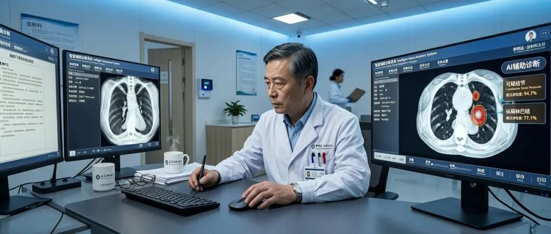 放射科医生使用 AI 辅助诊断系统