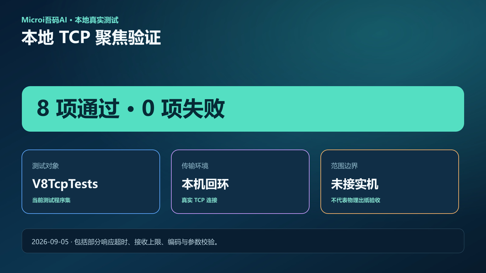 本地 TCP 聚焦测试八项通过的证据摘要