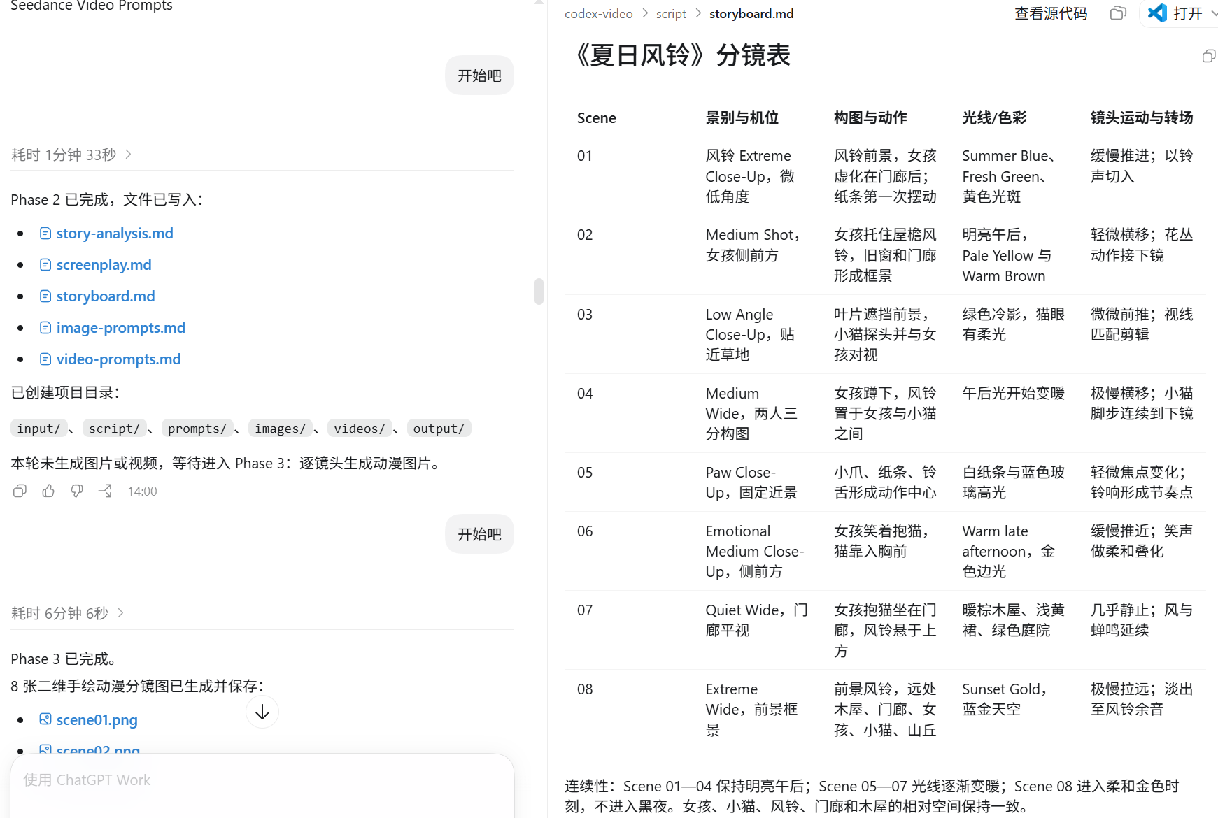storyboard.md 中 8 个 Scene 的分镜表，逐镜头标注景别与镜头运动