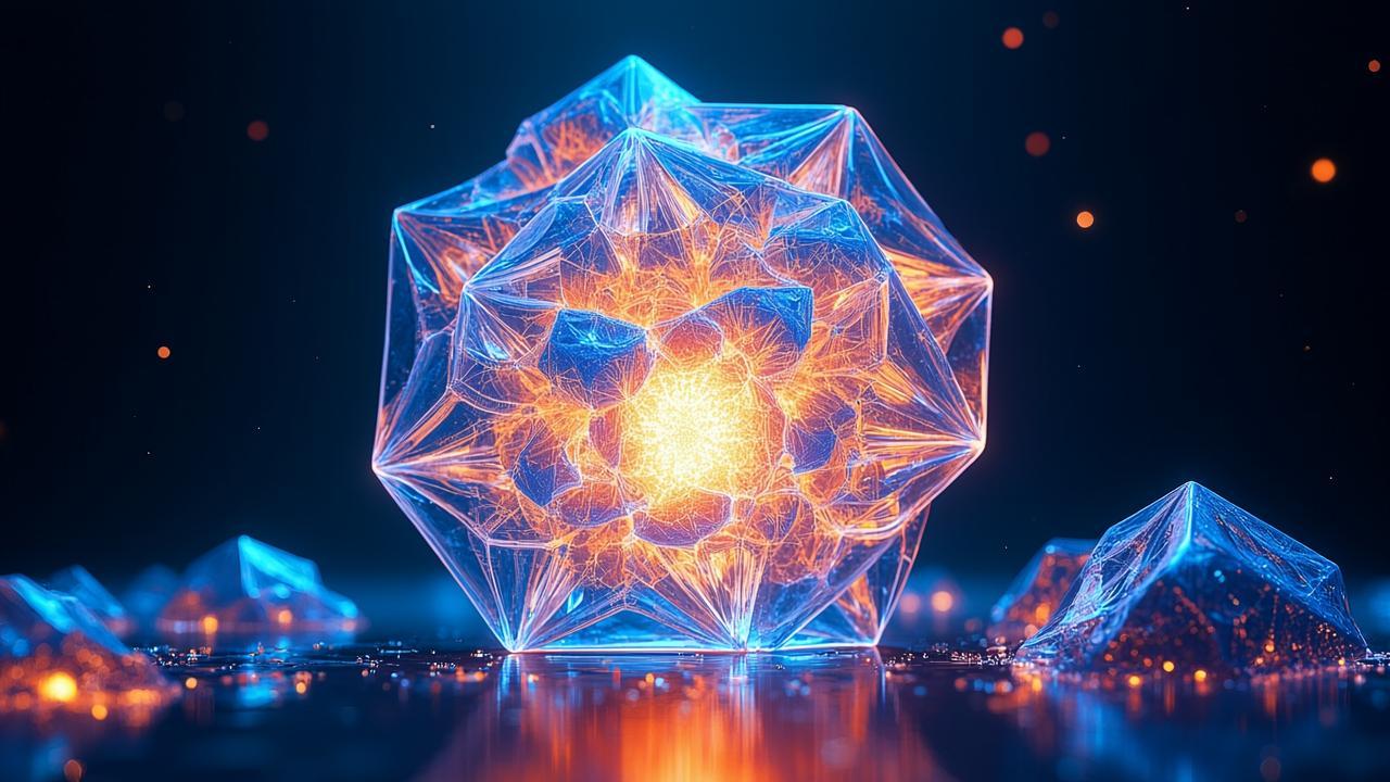 A surreal sculpture of translucent geometric polyh