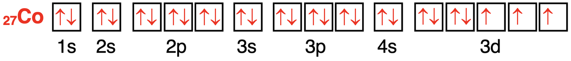 Orbital box diagram showing the configuration of electrons in orbitals for cobalt.