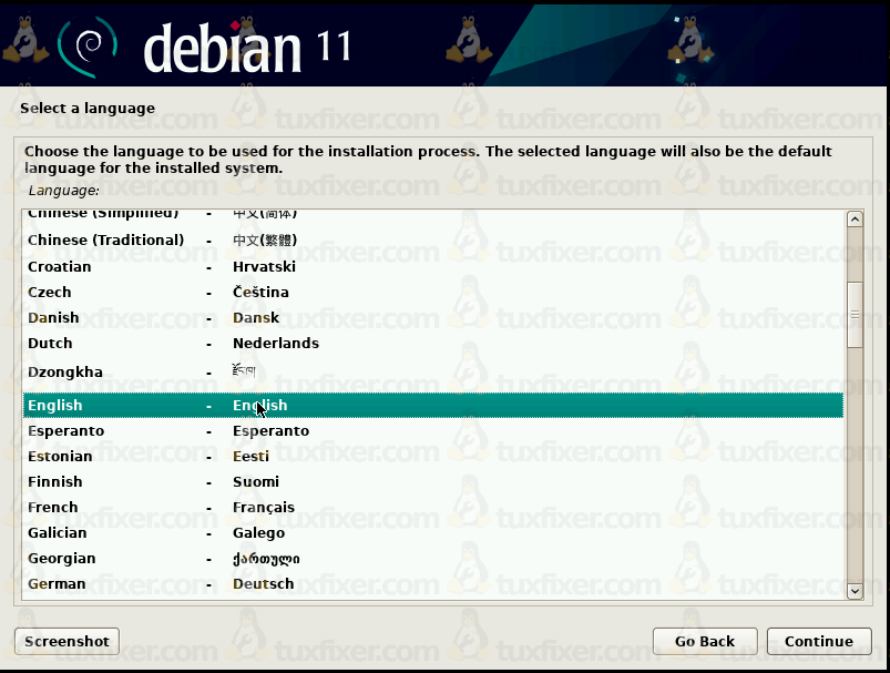 Debian installation select language