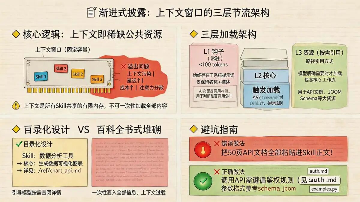 原则 2：渐进式披露：  上下文窗口是稀缺公共资源 ,  最小化上下文占用