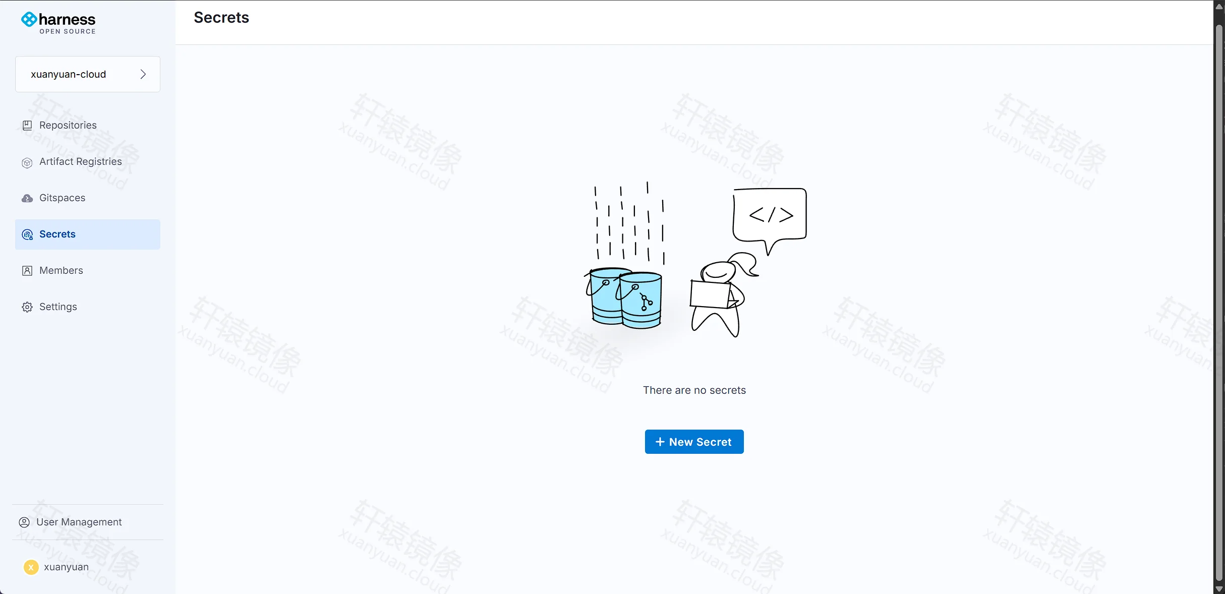 Harness Open Source Secrets 空状态：There are no secrets、+ New Secret