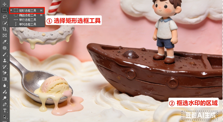 用PS自带的矩形选框工具,框选水印所在的文字