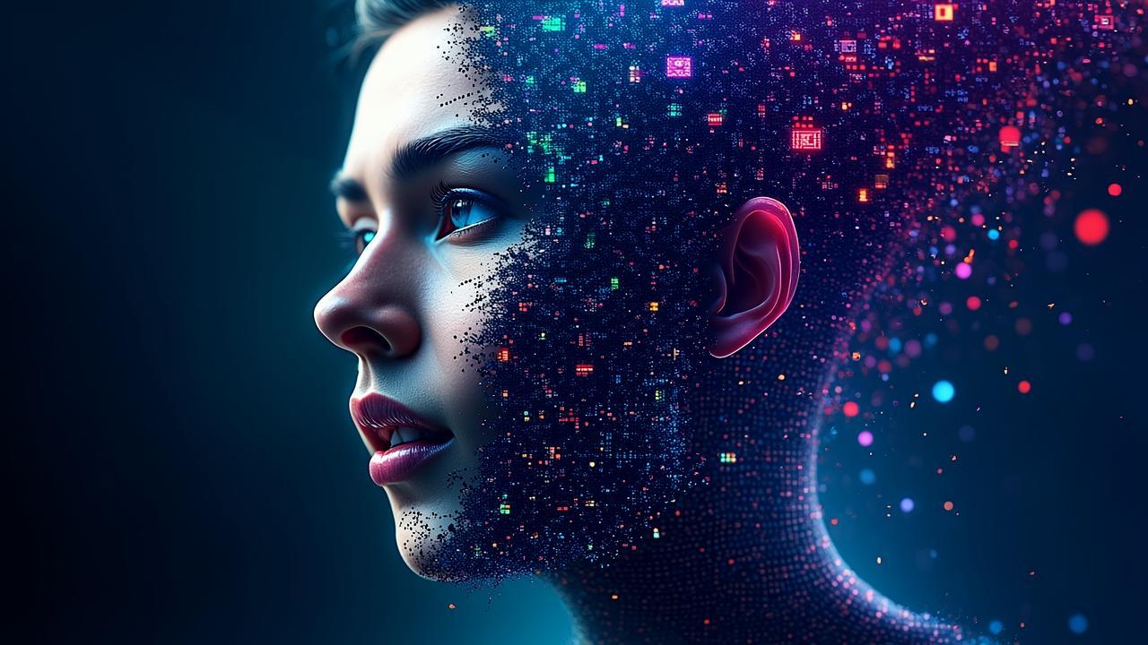 A digital face dissolving into fragmented pixels a
