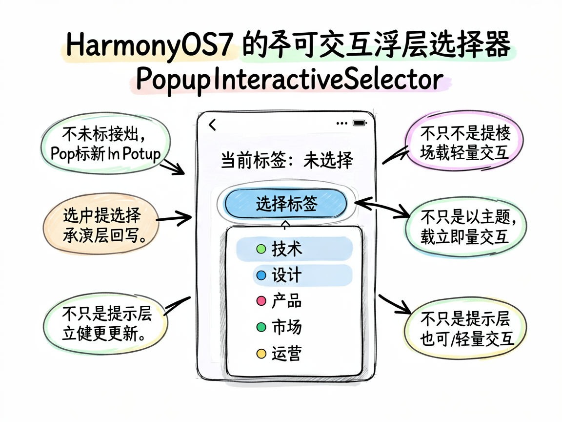 一张适合技术教程文章开头的手绘笔记风信息图，主题是 HarmonyOS7 的可交互浮层选择器 Pop