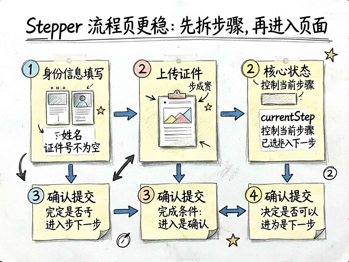 为一篇讲解 HarmonyOS 7 中 Stepper 式流程页的文章绘制一张手绘笔记风格的流程图信