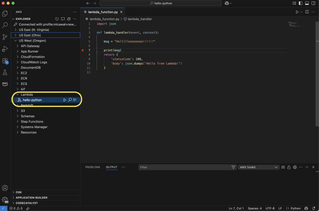 VS Code 中 Lambda 调试器屏幕截图