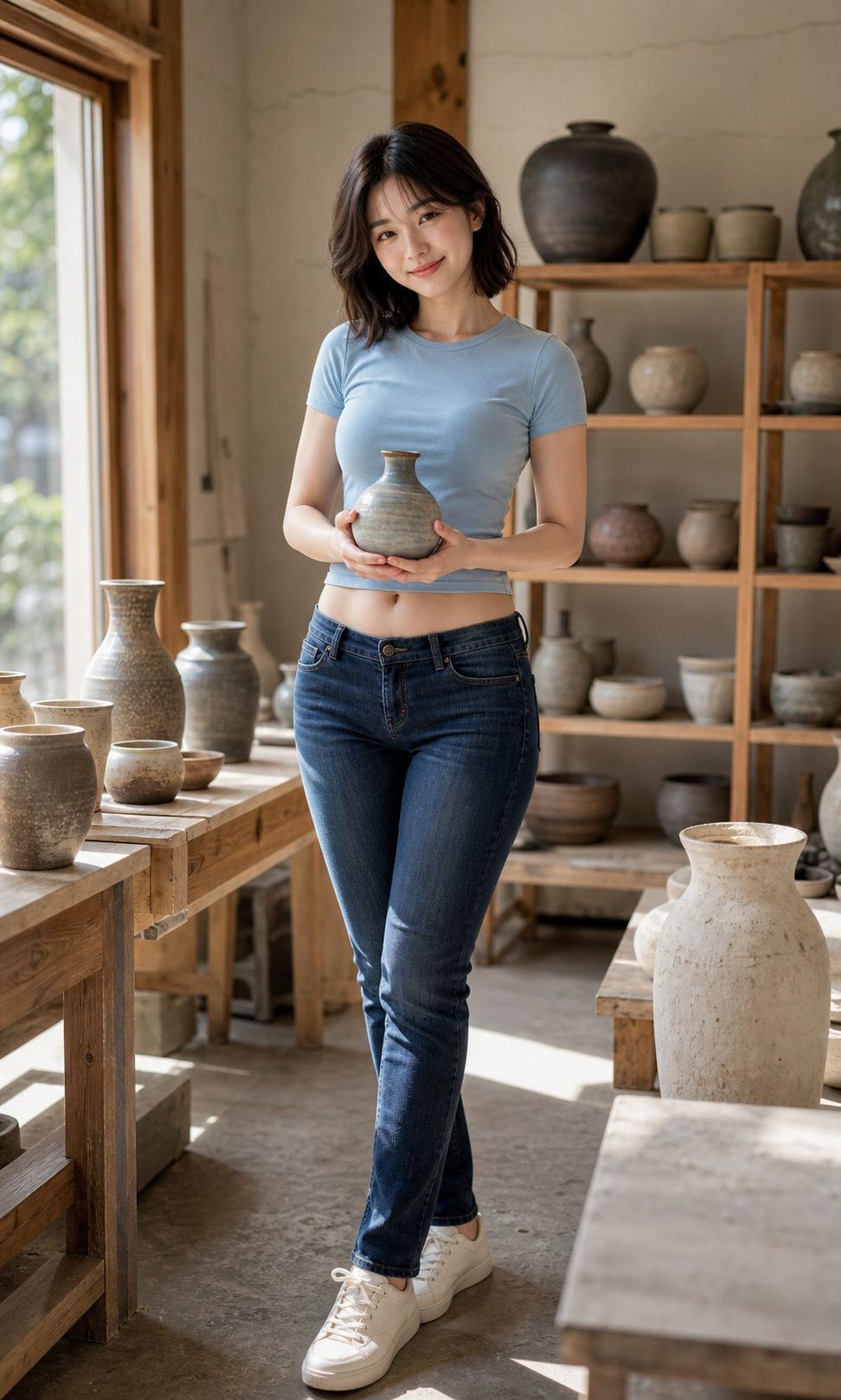 陶艺展馆中的亚洲成年女性深蓝低腰牛仔裤时装摄影