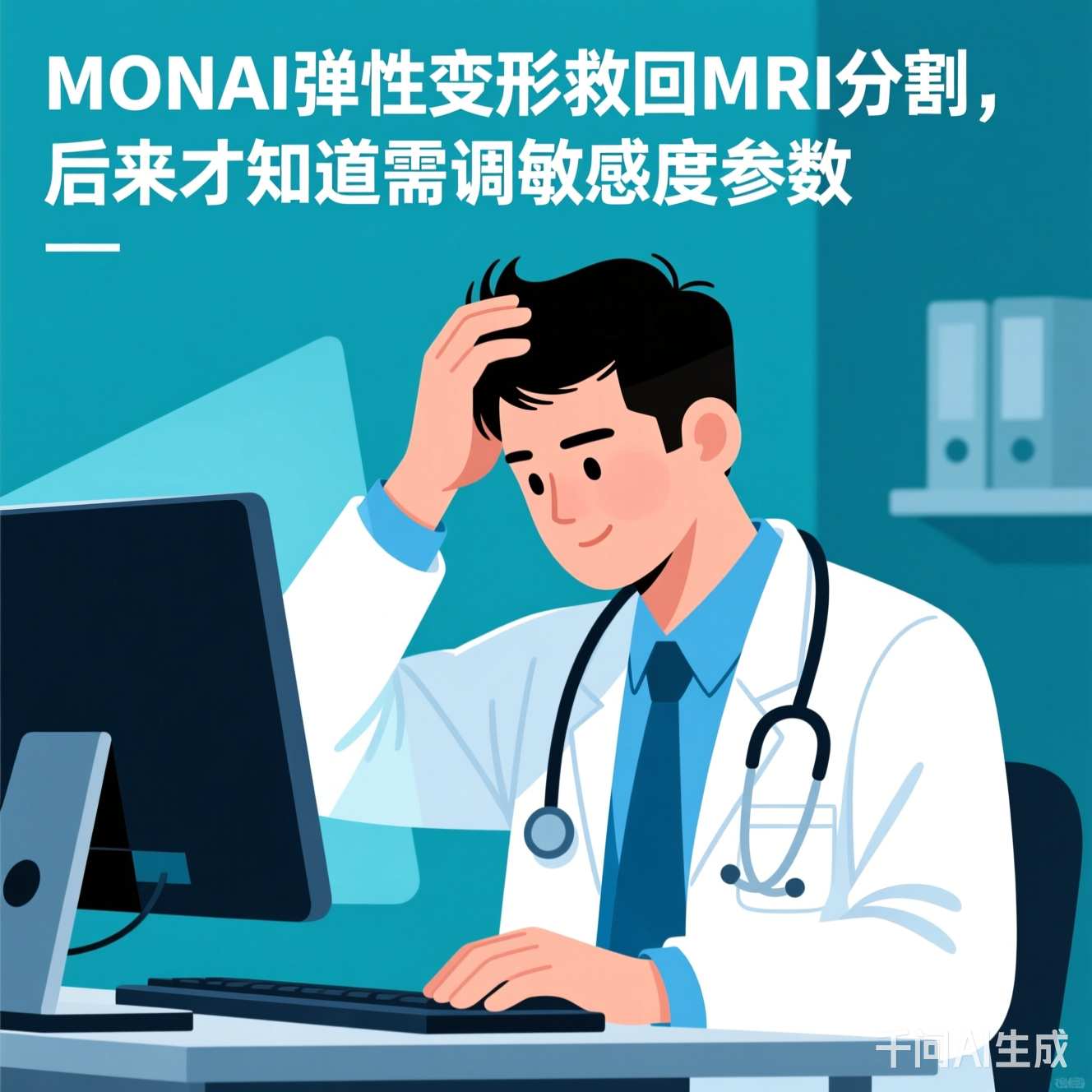 医生对着电脑抓头发的插图