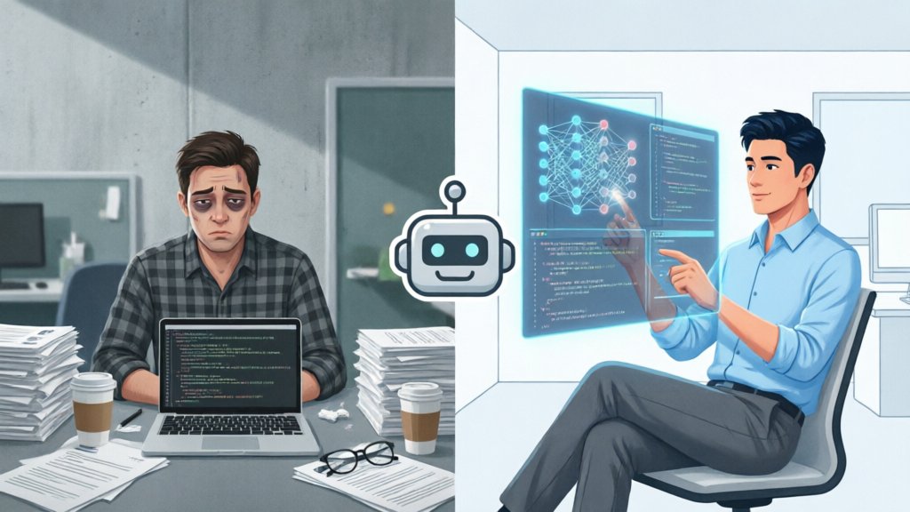 对比：AI 人才高效编程 vs 传统开发者简历堆积桌面