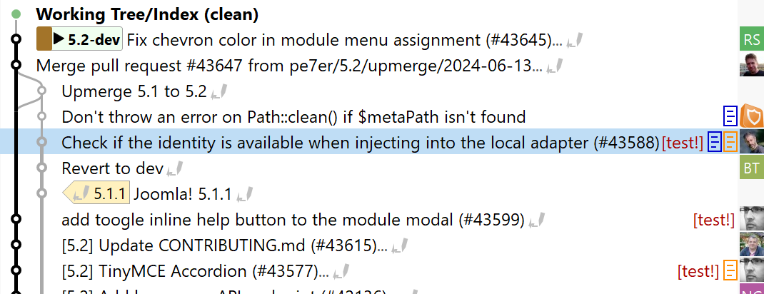 SmartGit 25.1 Git Notes 界面，支持命名空间选择和日志图中的注释指示器