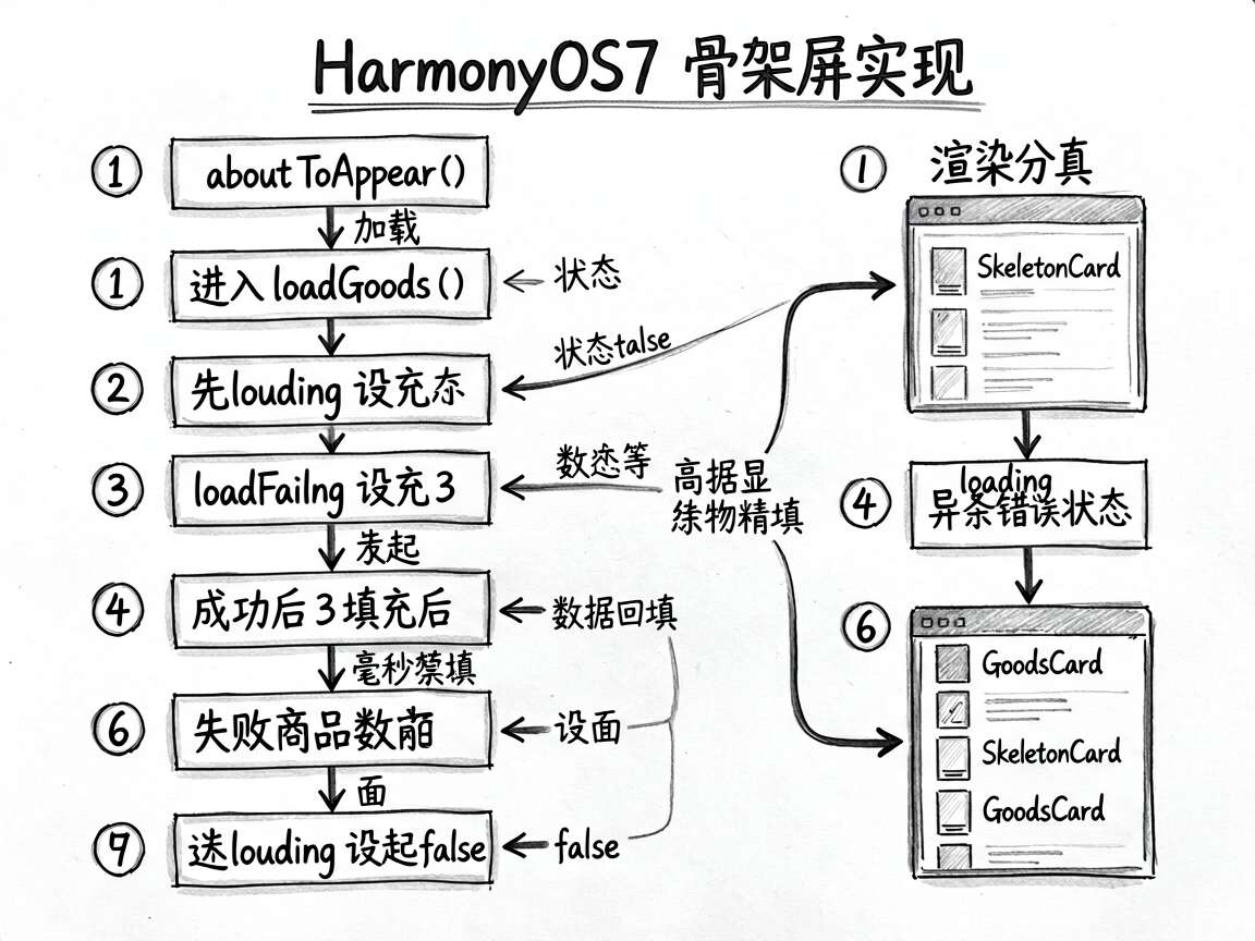 为一篇讲解 HarmonyOS7 骨架屏实现的中文文章绘制一张 sketch-notes 风格流程图