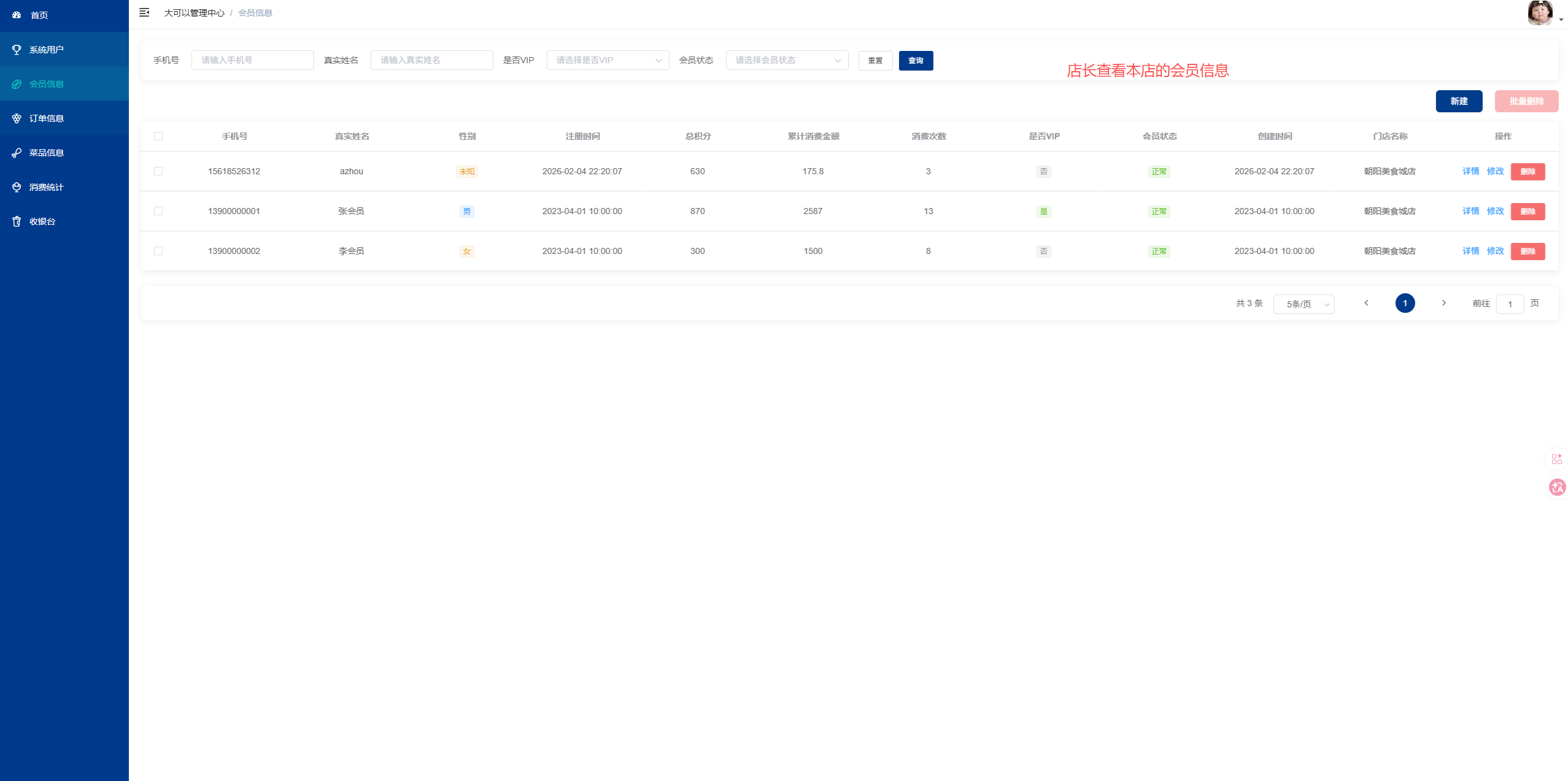 会员管理页：店长查看管理本店所有会员信息