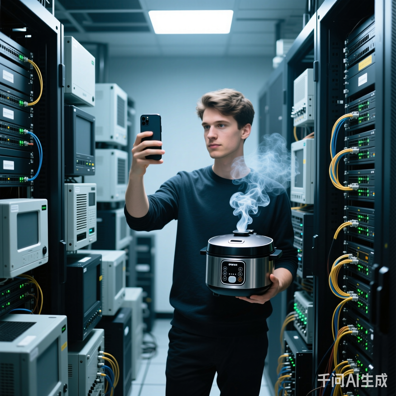 站在一堆物联网设备中间的程序员，举着手机对着冒烟的智能电饭煲