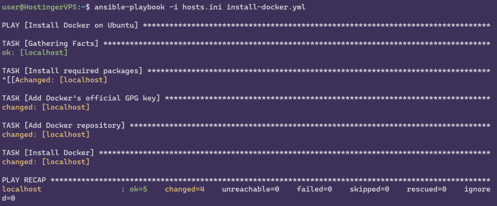 The output of a successful Ansible playbook run.