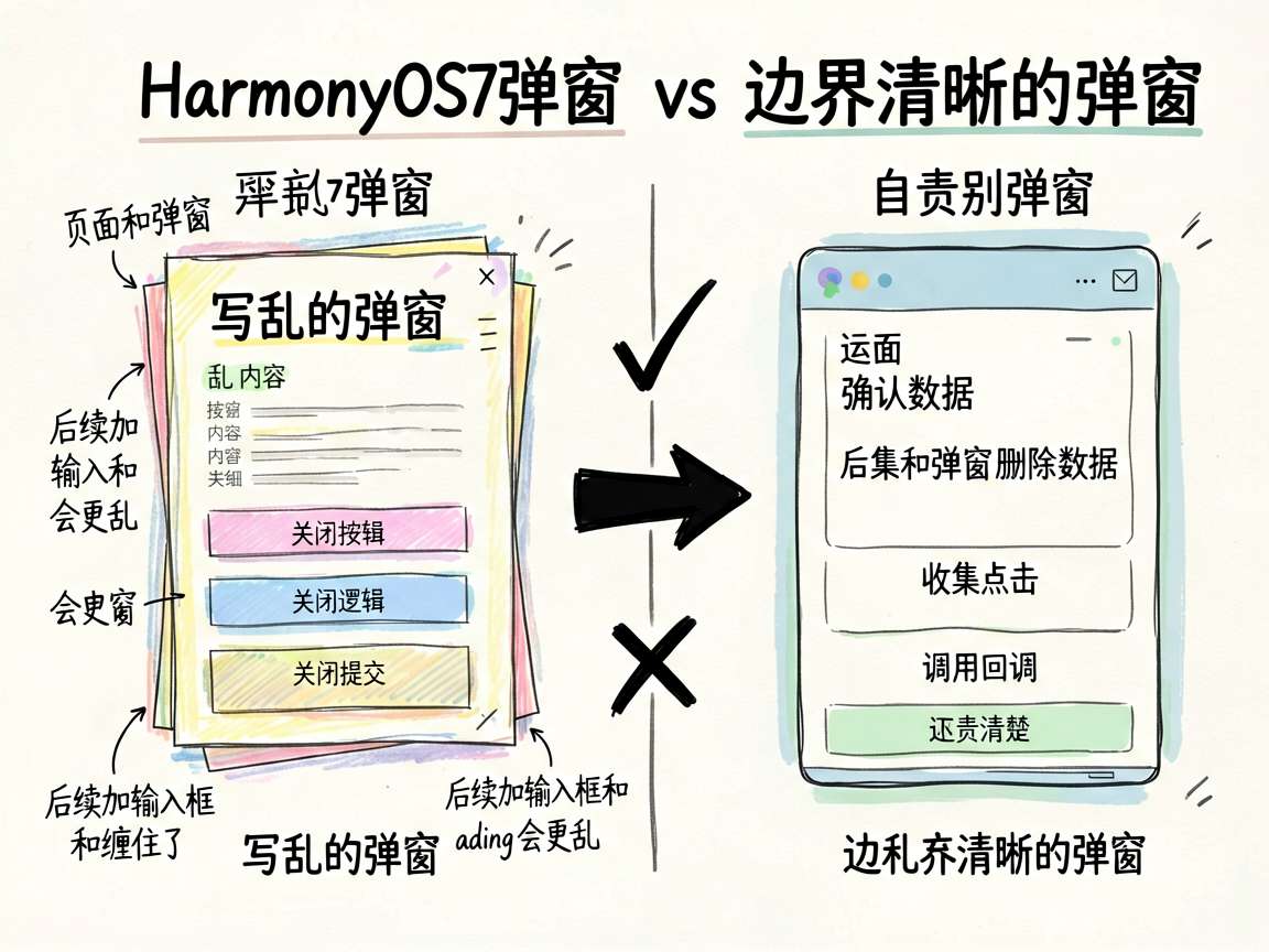 为文章《HarmonyOS7 自定义弹窗别写成一坨:页面和弹窗要有边界》绘制一张 sketch-no