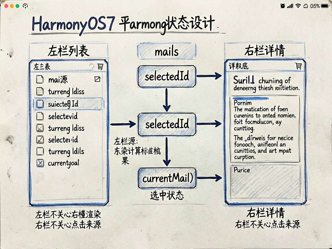 为一篇关于 HarmonyOS7 平板双栏页面状态设计的文章绘制一张手绘蓝图风框架图。画面中心是状态