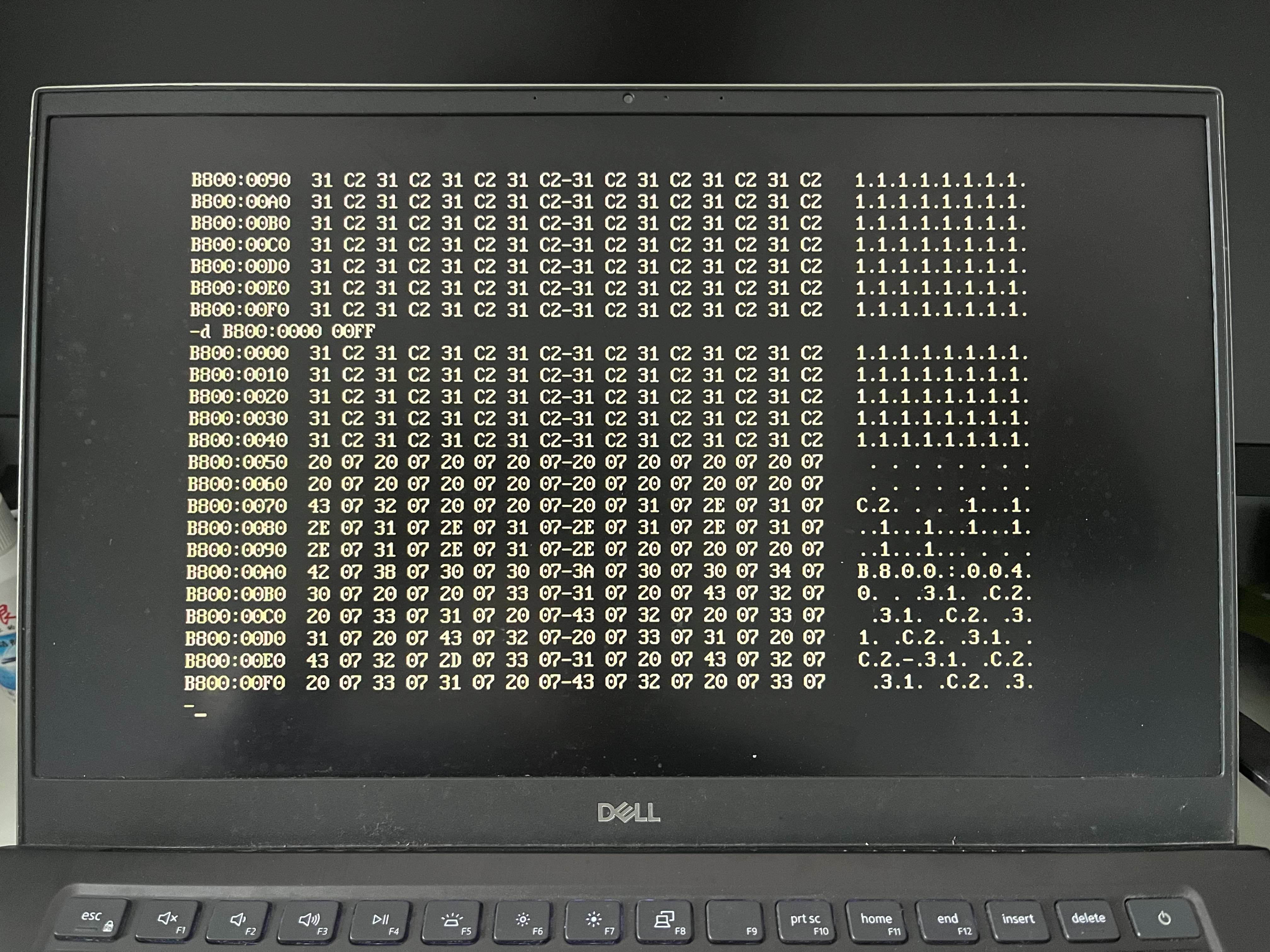 屏幕上进行了其他操作，再次查看时，发现更多的是乱码，但是也有一些目的字符，这是因为我们的屏幕上一共可以有4000字节，也就是约4KB,这上面目前还是有1的，所以能查看到