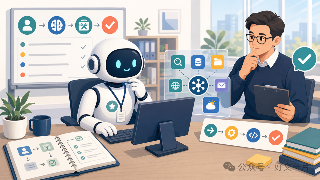 办公室场景:AI 实习生坐在电脑前,旁边有流程手册、工具接口面板和人类审核者。