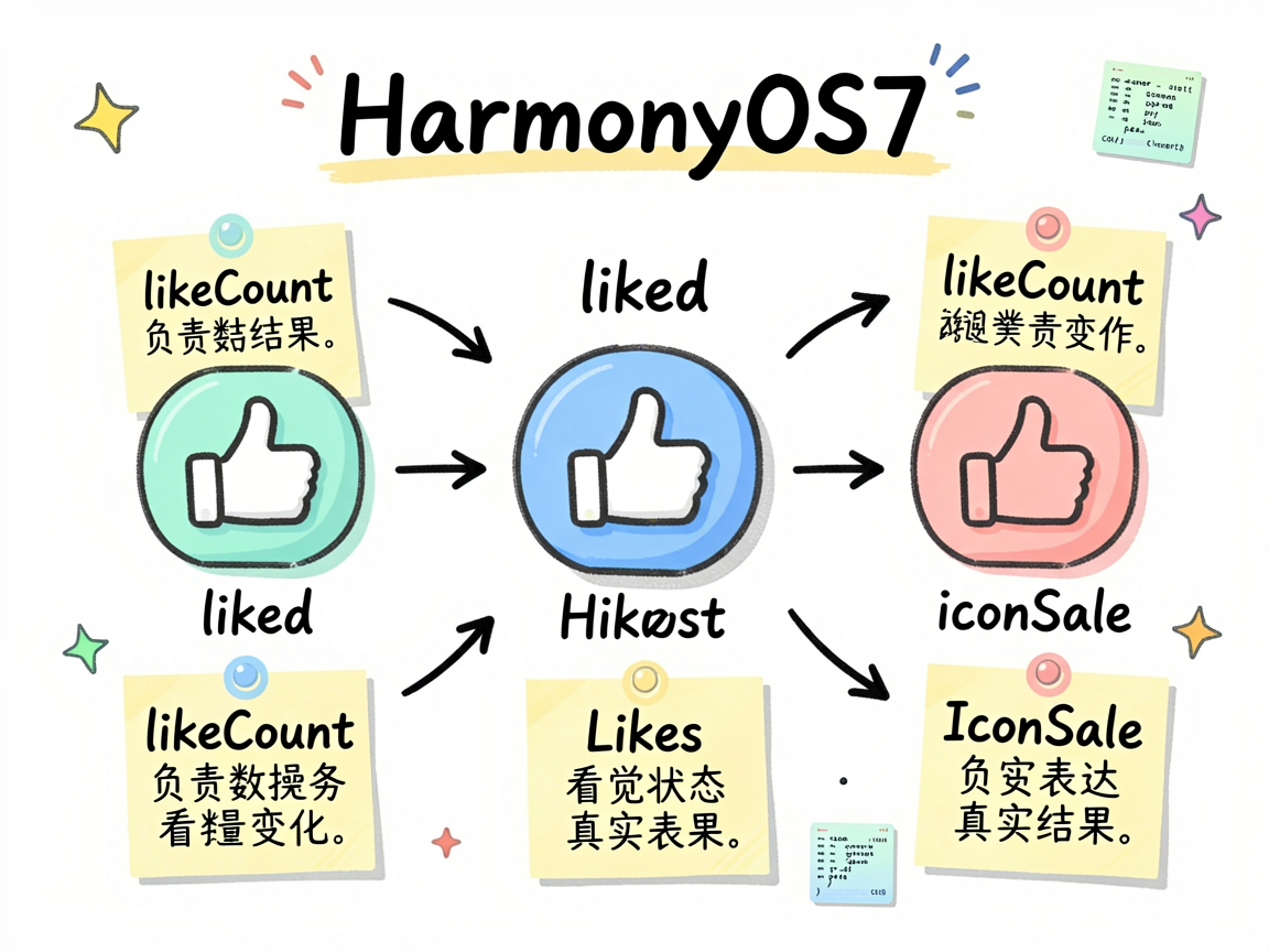 一张适合文章开头的手绘笔记风信息图,主题是 HarmonyOS7 的点赞动画设计思路。画面中心展示一
