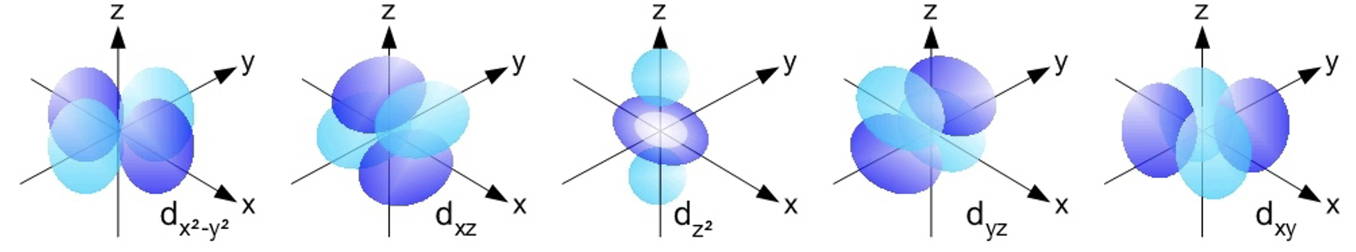 Diagram showing shapes and orientations of the five d orbitals.