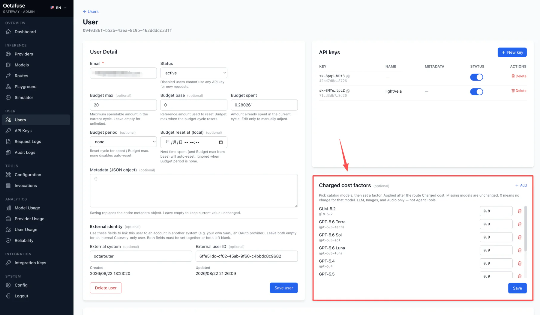 OctaFuse 用户详情页按模型维护 Charged cost factors
