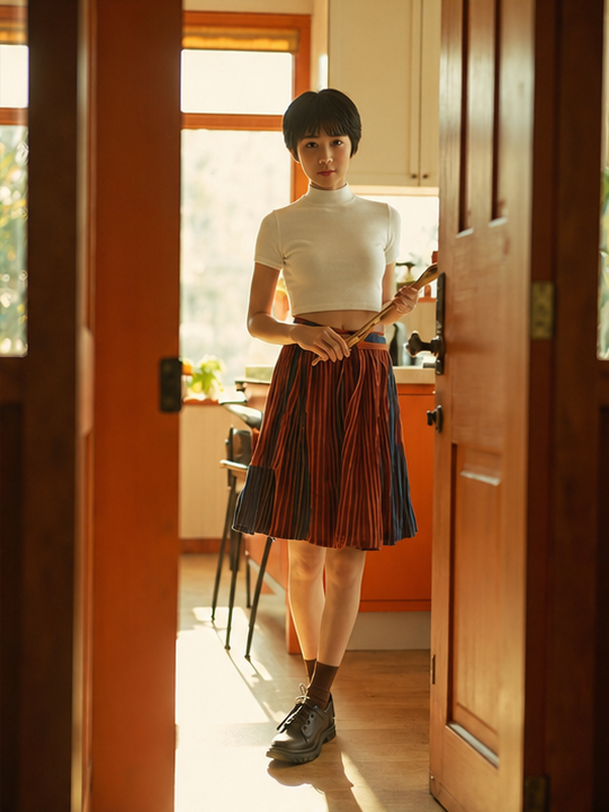 日照共享厨房中的20岁亚洲成年女性成年学院风短百褶裙