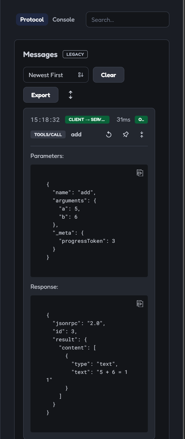 Protocol 面板中的 tools/call:客户端传入 add 参数,Server 返回 5 + 6 = 11
