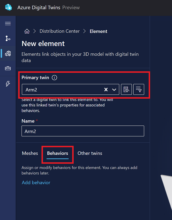 3D 场景工作室中 Arm2 的“新建元素”选项的屏幕截图。